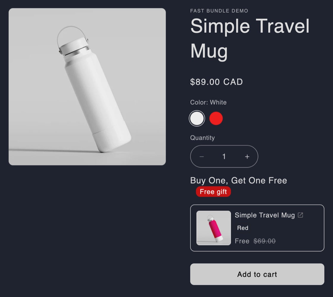 Fast Bundle BOGO on the demo store: buy one travel mug, get a second one free ($69.00 value)