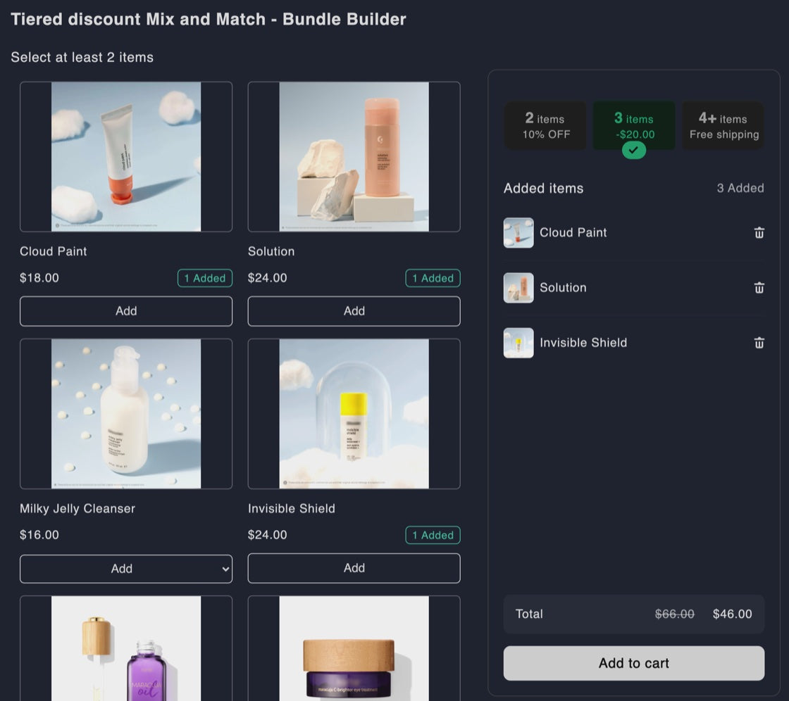 Fast Bundle Bundle Builder on the demo store: three products added, 3-item tier unlocked, total $46.00 instead of $66.00