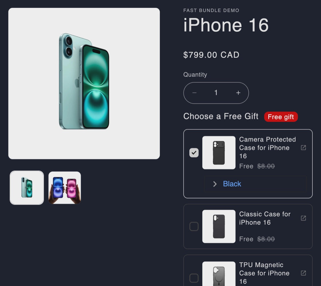 Fast Bundle Free Gift on the demo store: shopper chooses a free iPhone case worth $8.00